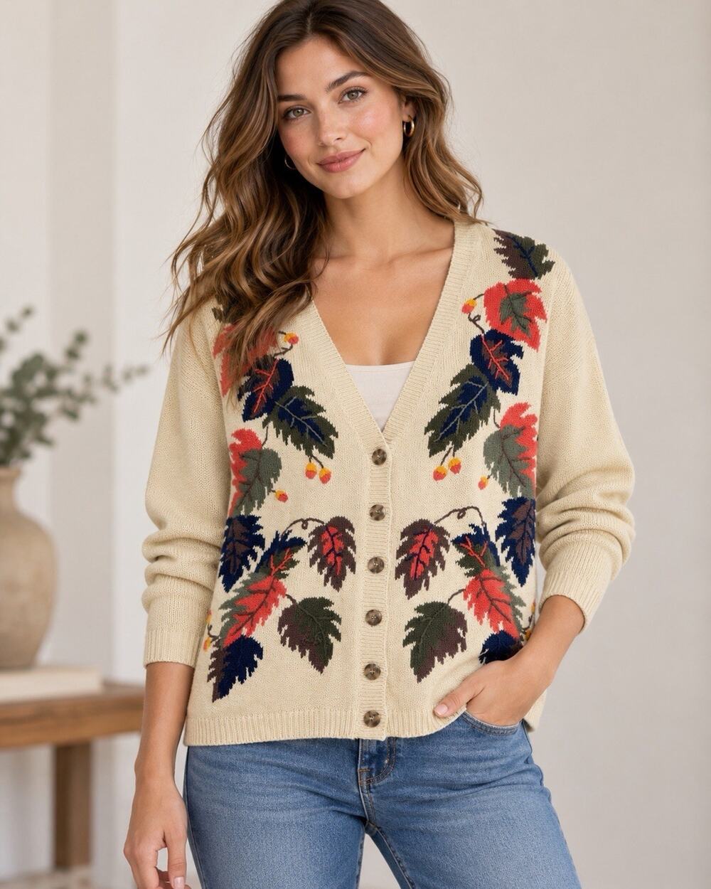Vtg Woman Cardigan Sweater 14/16 Beige Floral V-Neck Button Ramie Cotton Fall